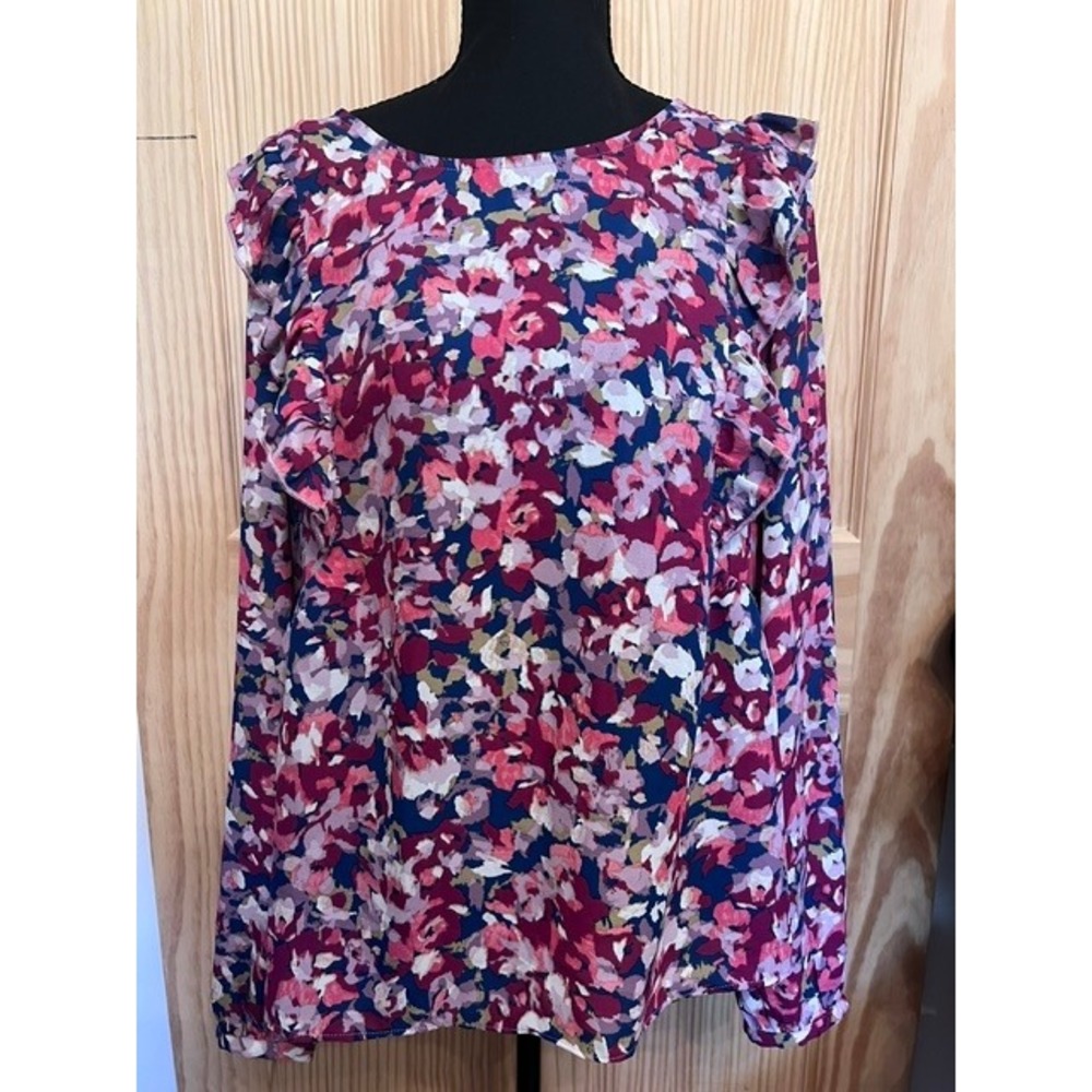 Nanette Lepore Blouse Women XL Pink Multi Floral Ruffle Long Sleeve Top